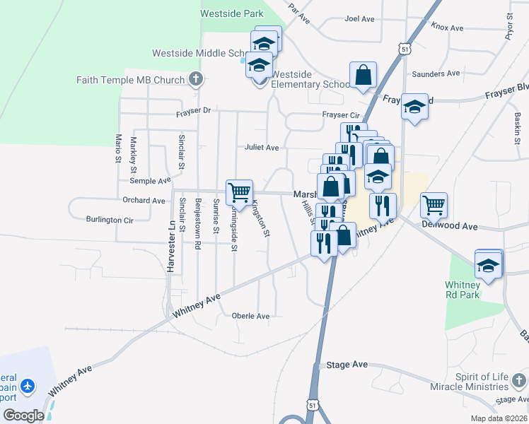 map of restaurants, bars, coffee shops, grocery stores, and more near 3126 Kingston Street in Memphis