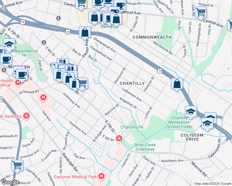 map of restaurants, bars, coffee shops, grocery stores, and more near 2321 Kingsbury Drive in Charlotte