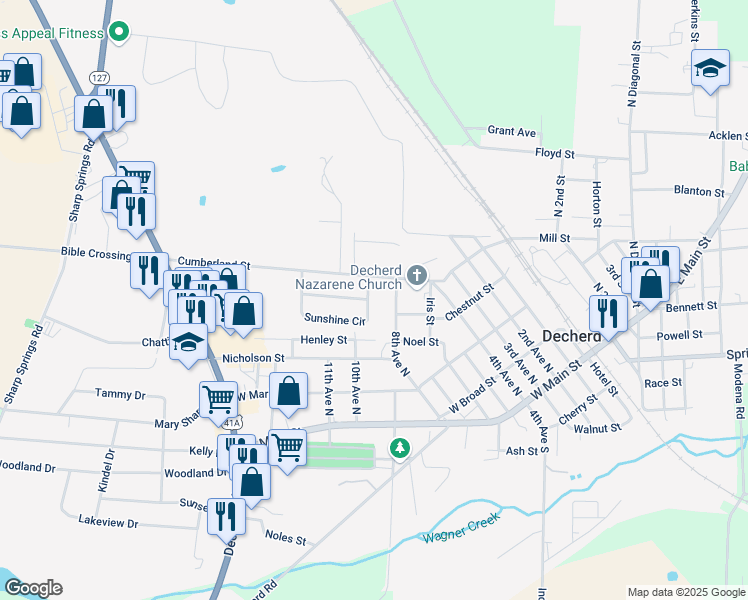 map of restaurants, bars, coffee shops, grocery stores, and more near 53 Sunshine Cir in Decherd