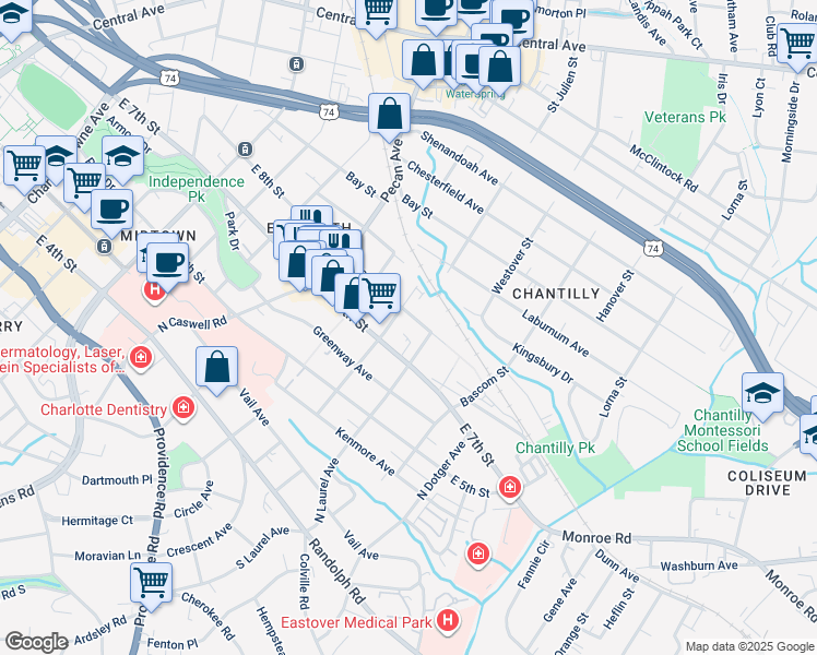 map of restaurants, bars, coffee shops, grocery stores, and more near 2212 East 8th Street in Charlotte