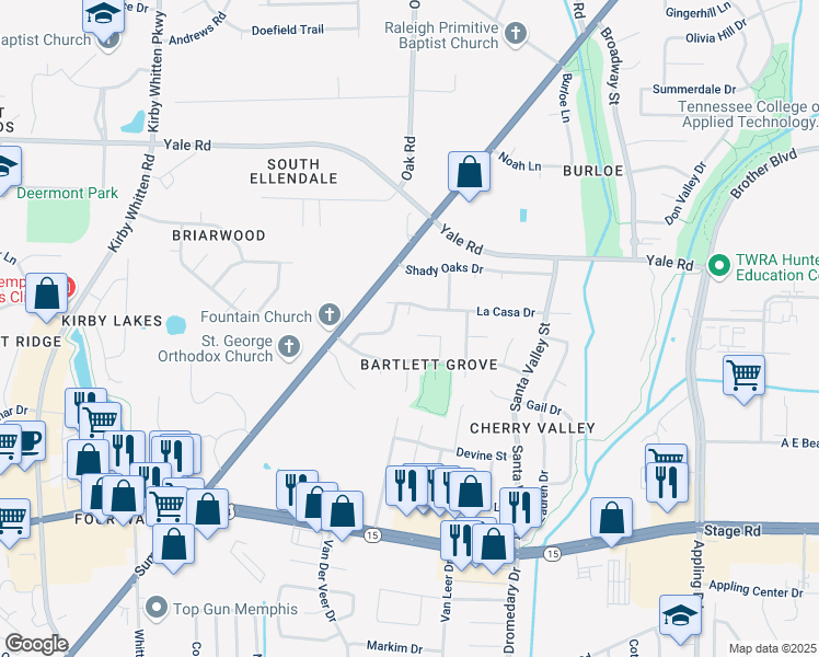 map of restaurants, bars, coffee shops, grocery stores, and more near 3156 Lisa Marie Cove in Bartlett