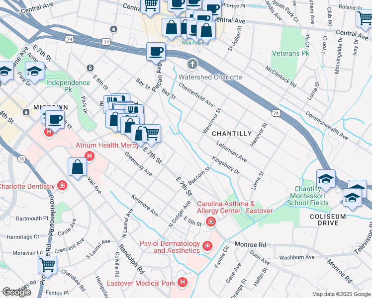 map of restaurants, bars, coffee shops, grocery stores, and more near 512 North Laurel Avenue in Charlotte