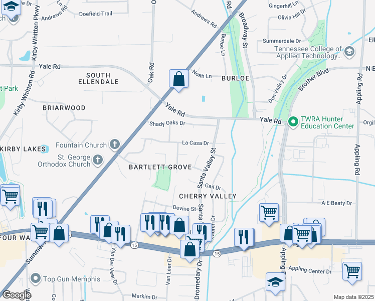 map of restaurants, bars, coffee shops, grocery stores, and more near 7208 Grapevine Cove in Bartlett
