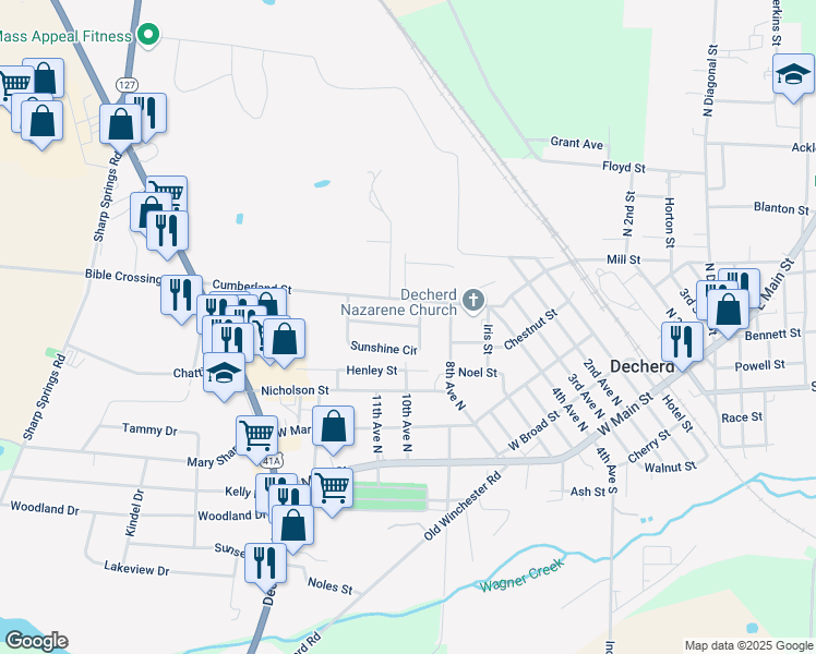 map of restaurants, bars, coffee shops, grocery stores, and more near 34 Sunshine Drive in Decherd