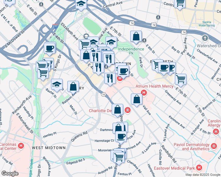 map of restaurants, bars, coffee shops, grocery stores, and more near 1718 East 4th Street in Charlotte