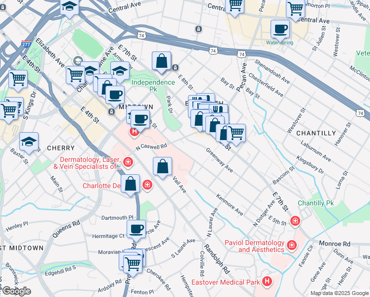 map of restaurants, bars, coffee shops, grocery stores, and more near 2025 East 5th Street in Charlotte
