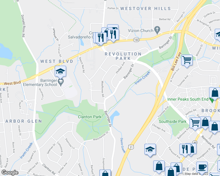 map of restaurants, bars, coffee shops, grocery stores, and more near in Charlotte
