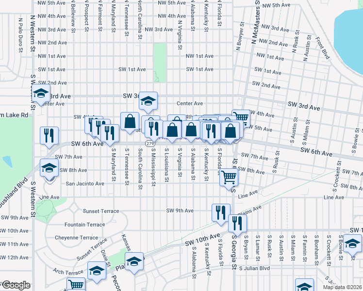 map of restaurants, bars, coffee shops, grocery stores, and more near 3019 Southwest 6th Avenue in Amarillo