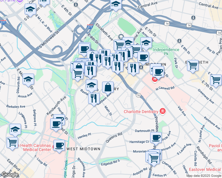 map of restaurants, bars, coffee shops, grocery stores, and more near 304 Baldwin Avenue in Charlotte