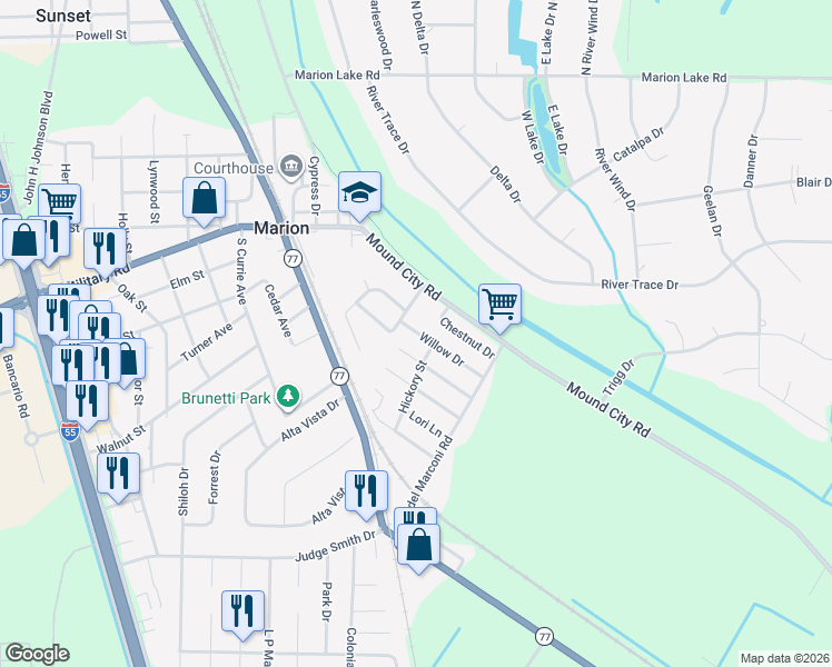 map of restaurants, bars, coffee shops, grocery stores, and more near 95 Willow Drive in Marion