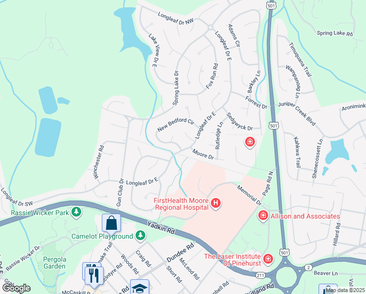 map of restaurants, bars, coffee shops, grocery stores, and more near 1720 Longleaf Drive East in Pinehurst
