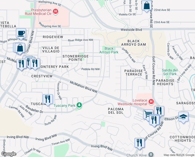 map of restaurants, bars, coffee shops, grocery stores, and more near 5112 Stone Mountain Road Northwest in Albuquerque