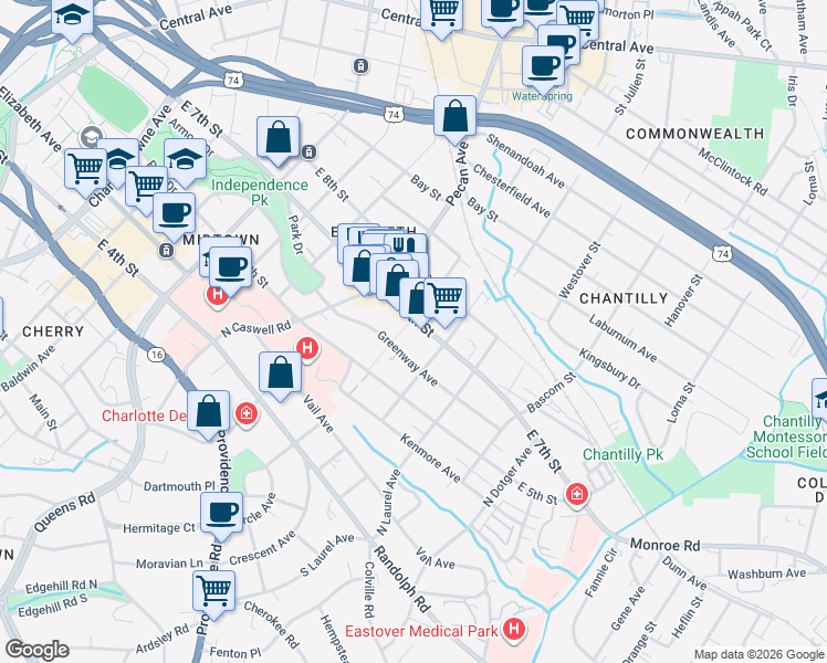 map of restaurants, bars, coffee shops, grocery stores, and more near 2108 East 7th Street in Charlotte