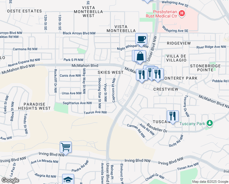 map of restaurants, bars, coffee shops, grocery stores, and more near 10628 Capricorn Place Northwest in Albuquerque