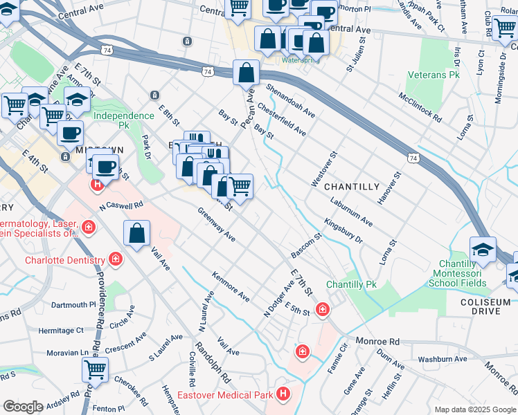 map of restaurants, bars, coffee shops, grocery stores, and more near 2212 East 8th Street in Charlotte