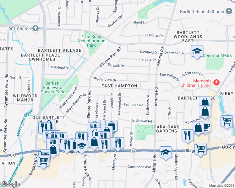 map of restaurants, bars, coffee shops, grocery stores, and more near 3127 Newmarket Drive in Bartlett