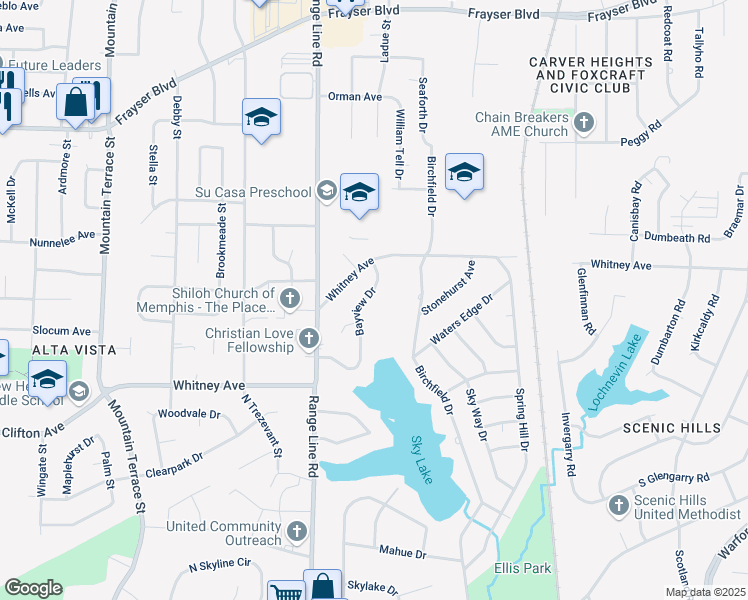 map of restaurants, bars, coffee shops, grocery stores, and more near 3144 Bayview Drive in Memphis