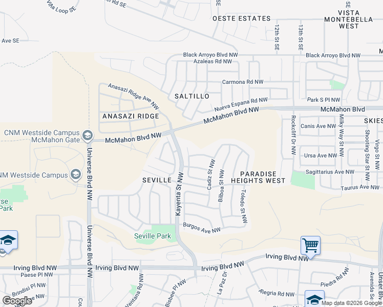 map of restaurants, bars, coffee shops, grocery stores, and more near 10544 Pavon Place Northwest in Albuquerque