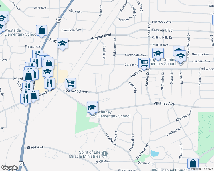 map of restaurants, bars, coffee shops, grocery stores, and more near 3131 Ridgecrest Street in Memphis