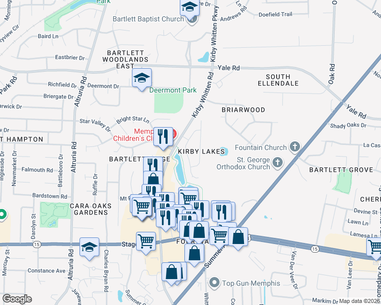 map of restaurants, bars, coffee shops, grocery stores, and more near 3134 Valley Lake Drive in Bartlett