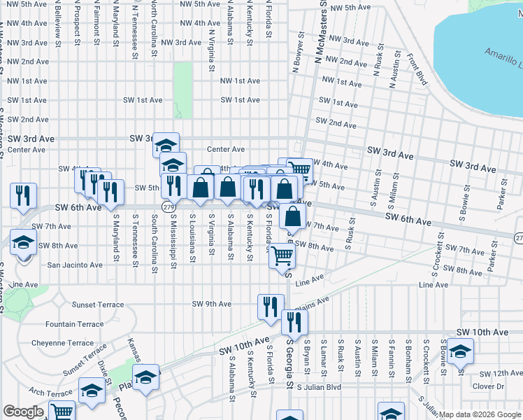 map of restaurants, bars, coffee shops, grocery stores, and more near 2811 Southwest 6th Avenue in Amarillo