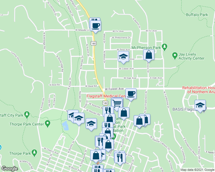 map of restaurants, bars, coffee shops, grocery stores, and more near 404 West Forest Avenue in Flagstaff