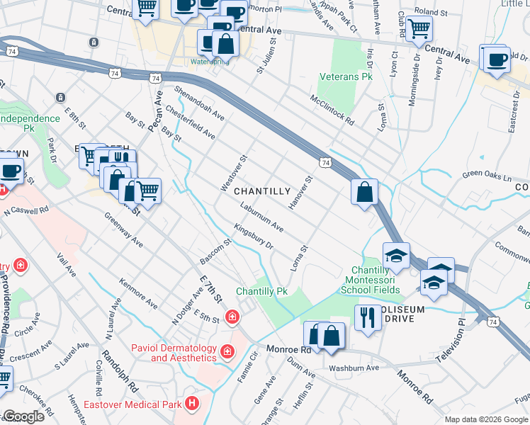 map of restaurants, bars, coffee shops, grocery stores, and more near 2429 Laburnum Avenue in Charlotte