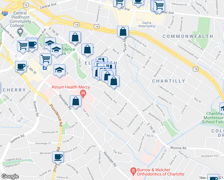map of restaurants, bars, coffee shops, grocery stores, and more near 2108 East 7th Street in Charlotte