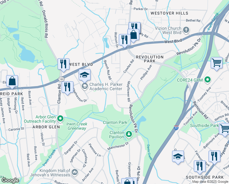 map of restaurants, bars, coffee shops, grocery stores, and more near 2830 Beech Nut Road in Charlotte
