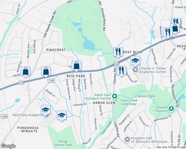 map of restaurants, bars, coffee shops, grocery stores, and more near 2157 West Boulevard in Charlotte