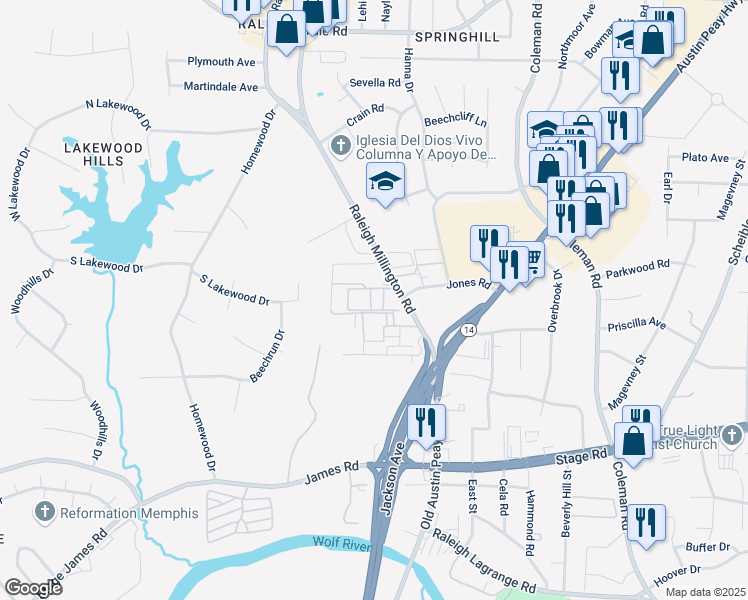 map of restaurants, bars, coffee shops, grocery stores, and more near 3115 Raleigh Millington Road in Memphis