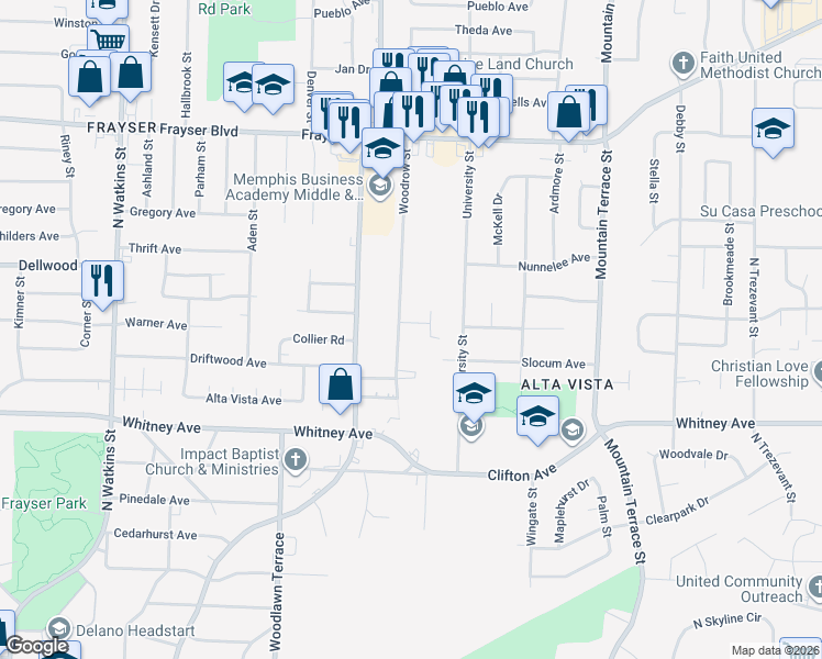 map of restaurants, bars, coffee shops, grocery stores, and more near 3128 Woodrow Street in Memphis