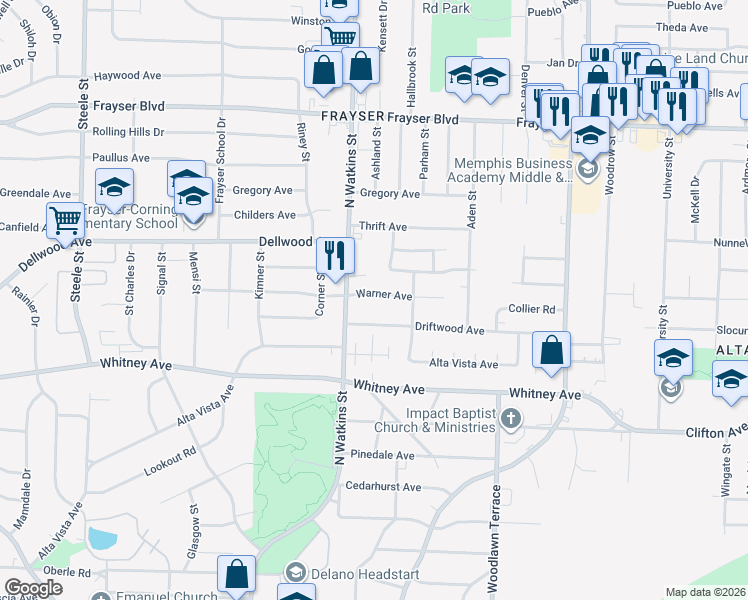 map of restaurants, bars, coffee shops, grocery stores, and more near 1829 Warner Avenue in Memphis