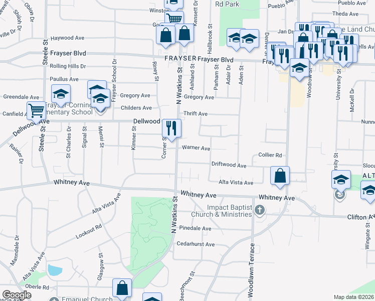 map of restaurants, bars, coffee shops, grocery stores, and more near 1829 Warner Avenue in Memphis