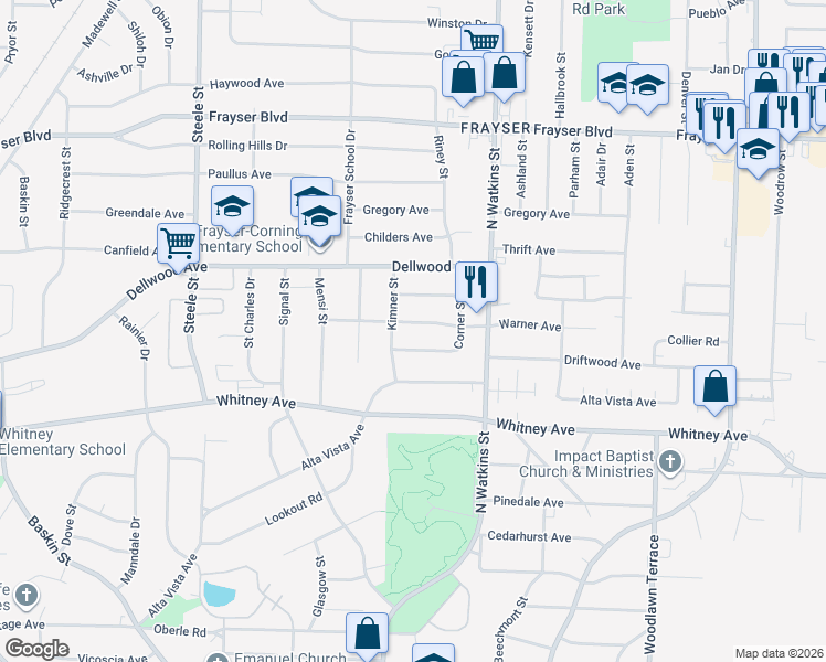 map of restaurants, bars, coffee shops, grocery stores, and more near 1737 Warner Avenue in Memphis
