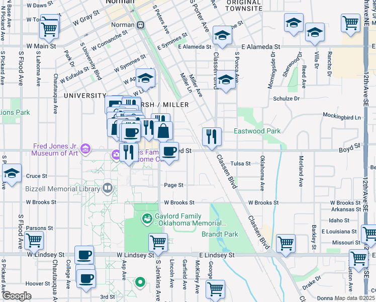 map of restaurants, bars, coffee shops, grocery stores, and more near 304 Boyd Street in Norman