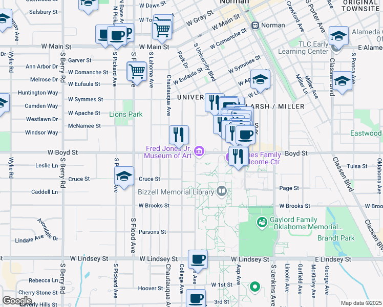 map of restaurants, bars, coffee shops, grocery stores, and more near in Norman