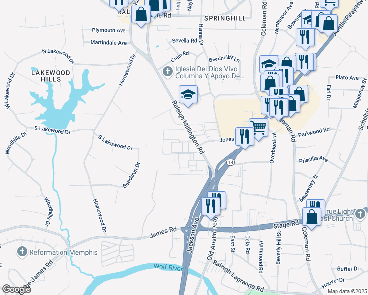 map of restaurants, bars, coffee shops, grocery stores, and more near 3115 Raleigh Millington Road in Memphis
