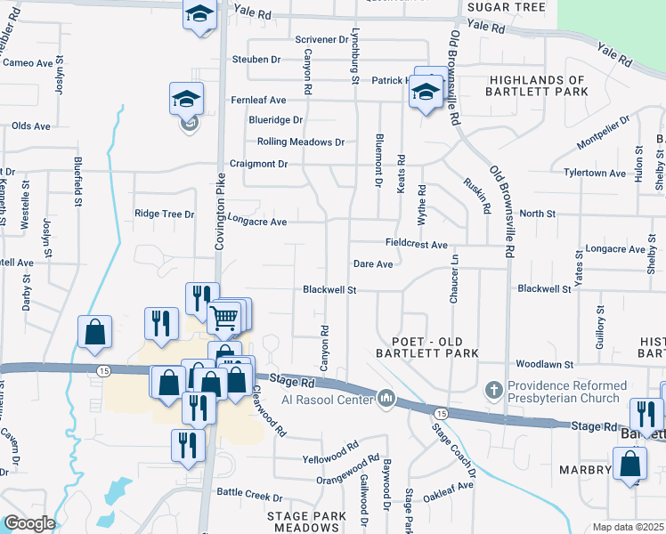 map of restaurants, bars, coffee shops, grocery stores, and more near 3130 Canyon Road in Memphis