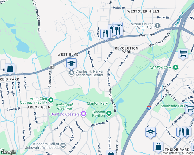 map of restaurants, bars, coffee shops, grocery stores, and more near 2830 Beech Nut Road in Charlotte