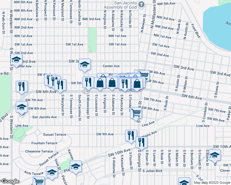 map of restaurants, bars, coffee shops, grocery stores, and more near 2917 Southwest 6th Avenue in Amarillo