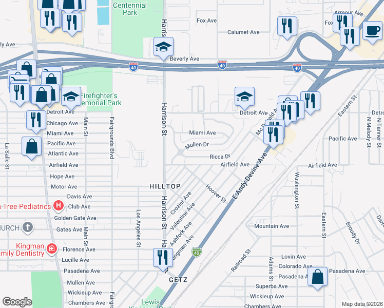 map of restaurants, bars, coffee shops, grocery stores, and more near 2415 Ricca Drive in Kingman