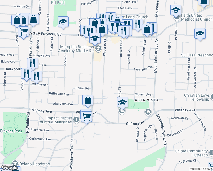 map of restaurants, bars, coffee shops, grocery stores, and more near 3128 Woodrow Street in Memphis