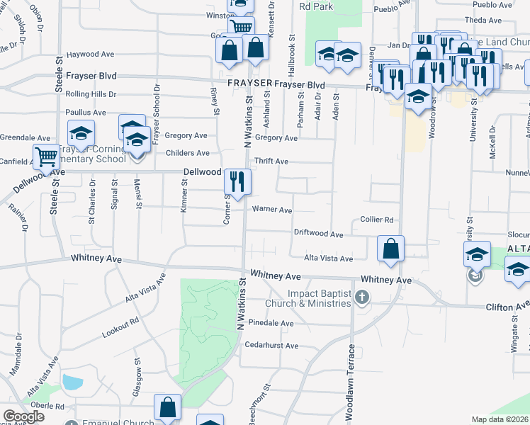 map of restaurants, bars, coffee shops, grocery stores, and more near 1829 Warner Avenue in Memphis