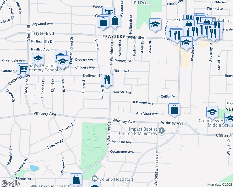 map of restaurants, bars, coffee shops, grocery stores, and more near 1829 Warner Avenue in Memphis