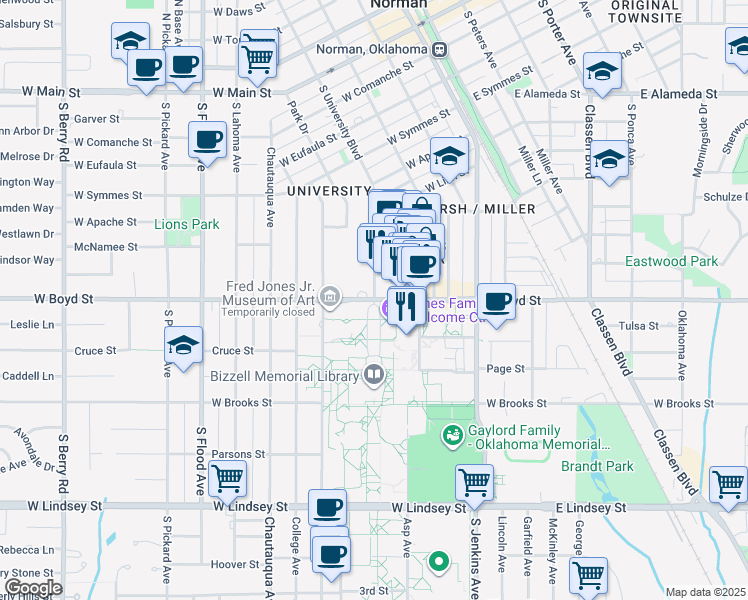 map of restaurants, bars, coffee shops, grocery stores, and more near 401 West Boyd Street in Norman