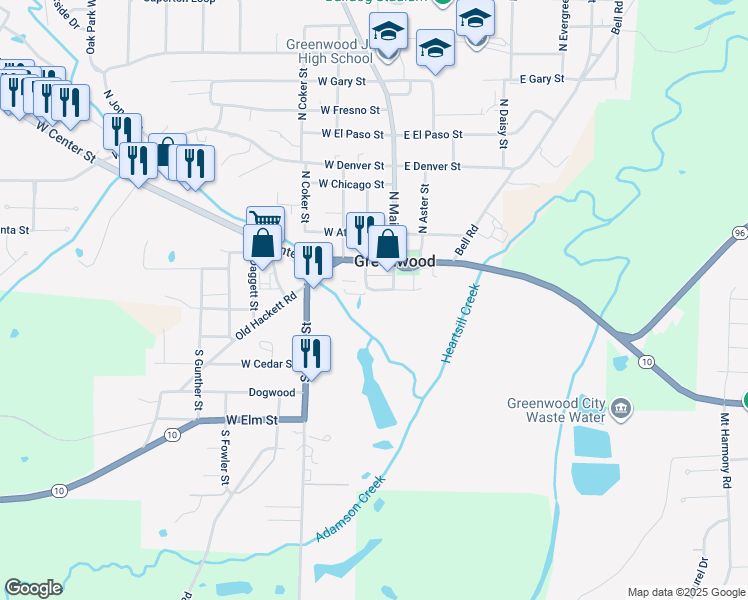 map of restaurants, bars, coffee shops, grocery stores, and more near 24 South Adair Street in Greenwood
