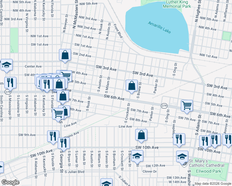 map of restaurants, bars, coffee shops, grocery stores, and more near 501 South Fannin Street in Amarillo
