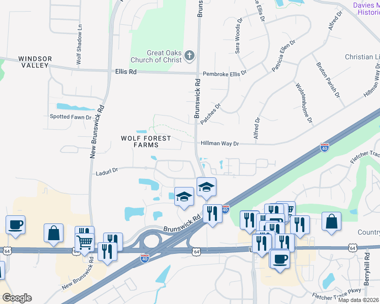 map of restaurants, bars, coffee shops, grocery stores, and more near 3133 Brinkswick Forest Cr West in Bartlett