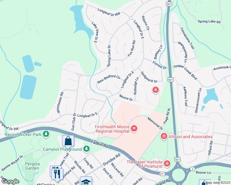map of restaurants, bars, coffee shops, grocery stores, and more near 1710 Longleaf Drive East in Pinehurst